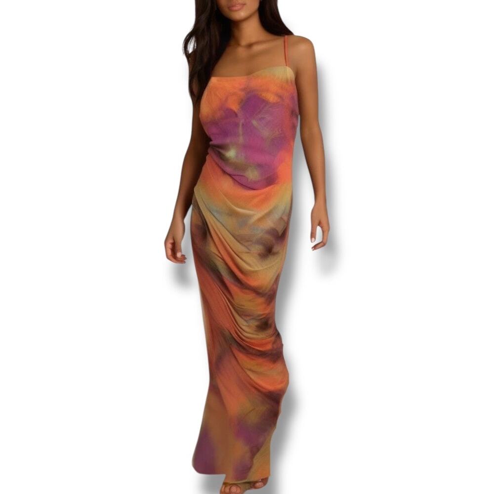 Nichole Lynel Size M‎ Ruched Maxi Dress Pastel Swirl Watercolor Summer Wedding